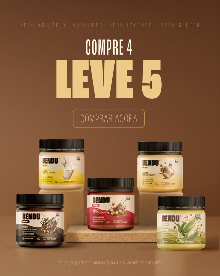 Banner promocional, compre 4 e leve 5 cremes Bendu, nas compras acima de R$259 ganhe 1 creme de 150g