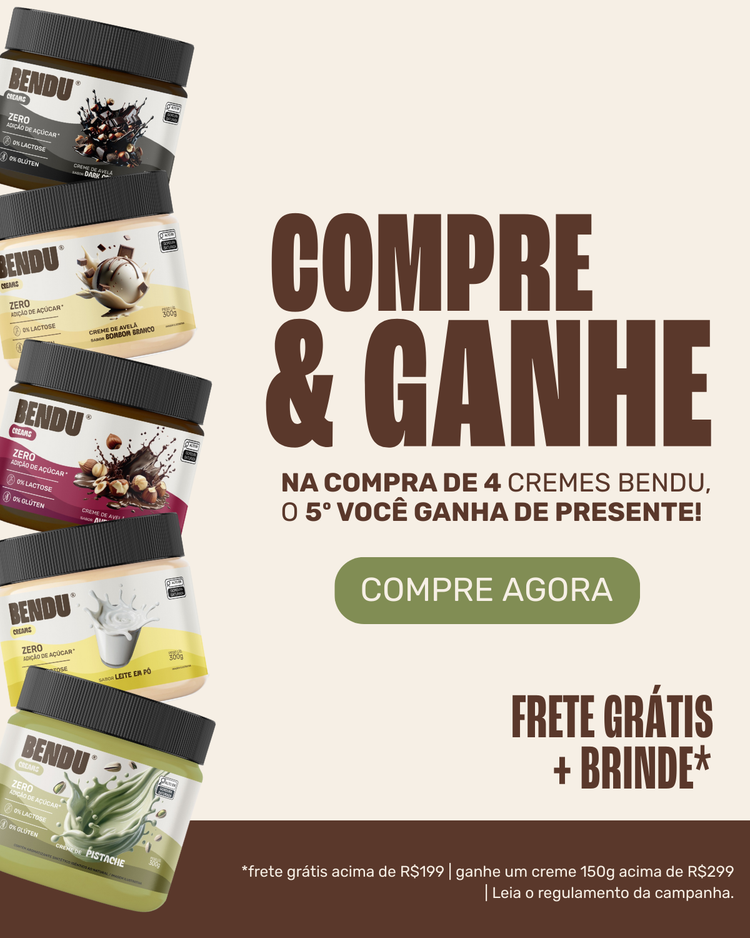 Banner promocional, compre 4 e leve 5 cremes Bendu, nas compras acima de R$259 ganhe 1 creme de 150g