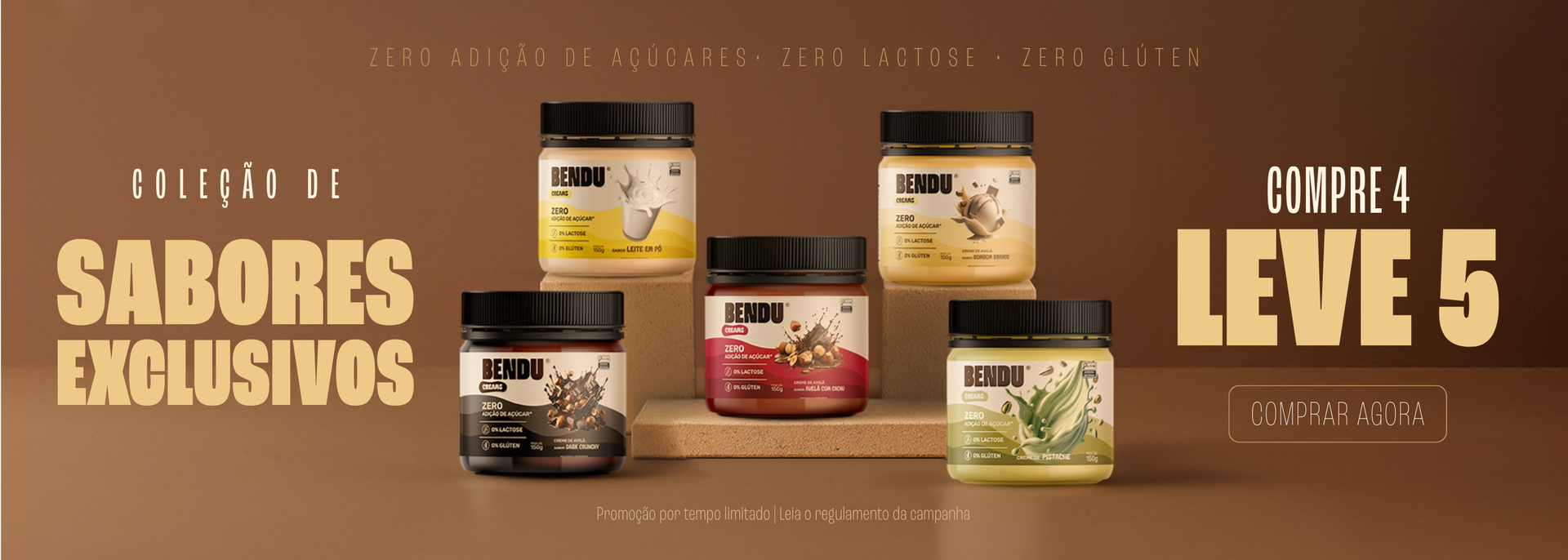 Banner promocional, compre 4 e leve 5 cremes Bendu, nas compras acima de R$259 ganhe 1 creme de 150g